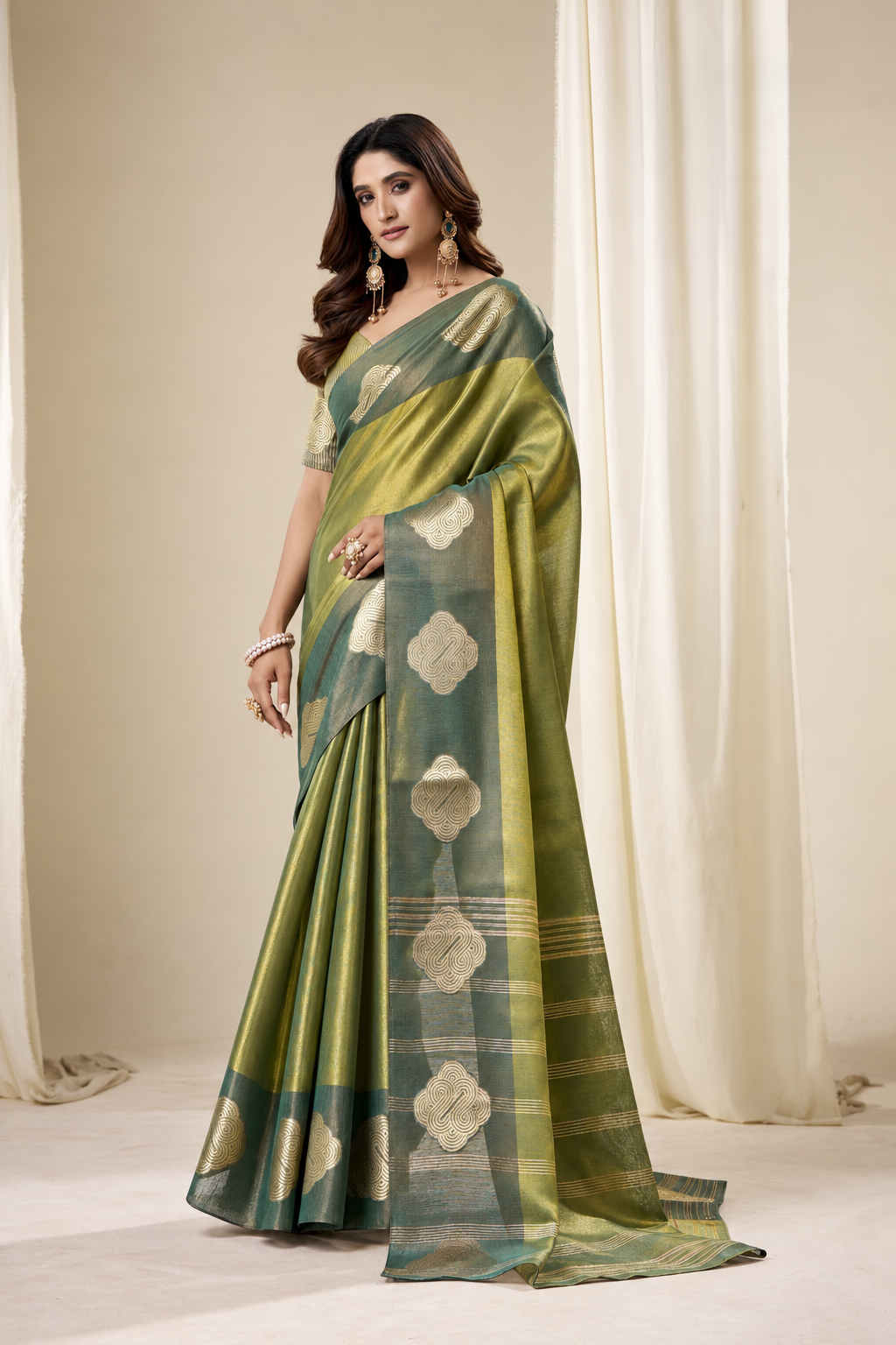 Mehndi Gold Handloom Tissue Silk Saree With Gold Woven Motifs