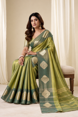 Mehndi Gold Handloom Tissue Silk Saree With Gold Woven Motifs