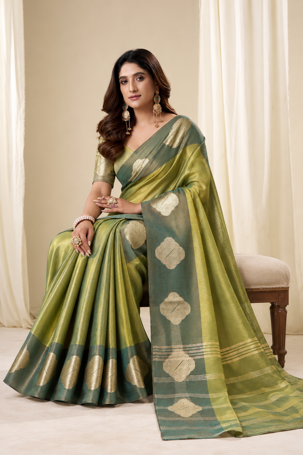 Mehndi Gold Handloom Tissue Silk Saree With Gold Woven Motifs