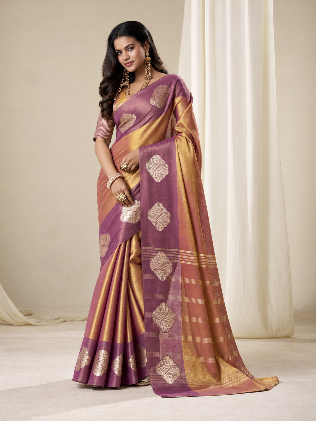 Wine Gold Handloom Tissue Silk Saree With Woven Motifs