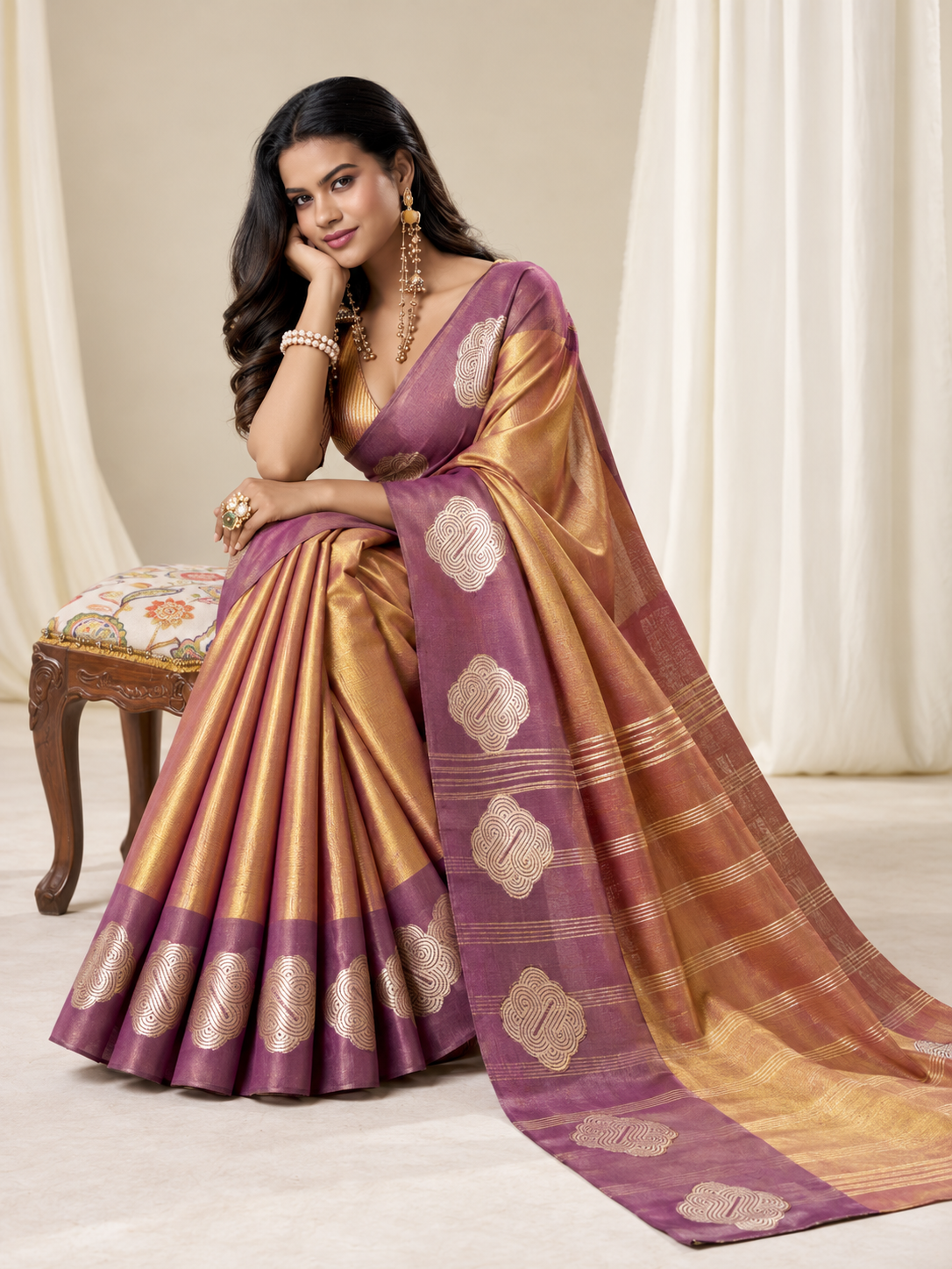 Wine Gold Handloom Tissue Silk Saree With Woven Motifs
