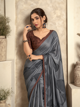 Smoky Grey Satin Silk Saree with Abstract Print & Contrast Brown Border