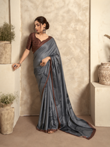 Smoky Grey Satin Silk Saree with Abstract Print & Contrast Brown Border