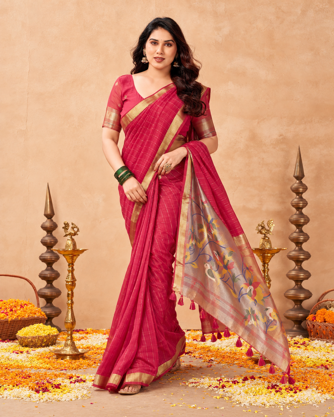 Red Maheshwari Cotton Saree with Zari Weaving & Rich Tissue Paithani Pallu | Aahshri