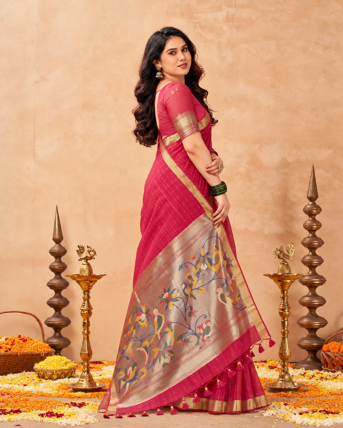 Red Maheshwari Cotton Saree with Zari Weaving & Rich Tissue Paithani Pallu | Aahshri