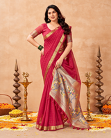 Red Maheshwari Cotton Saree with Zari Weaving & Rich Tissue Paithani Pallu | Aahshri