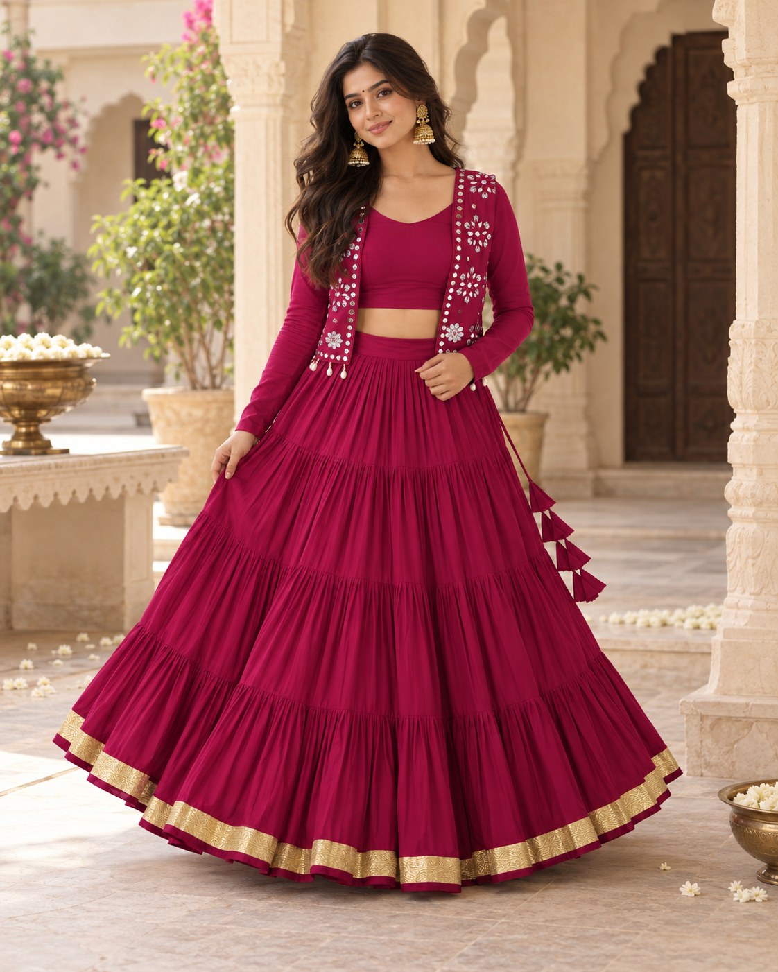 Rani Pink 9-Metre Flared Lehenga with Mirror Work Koti