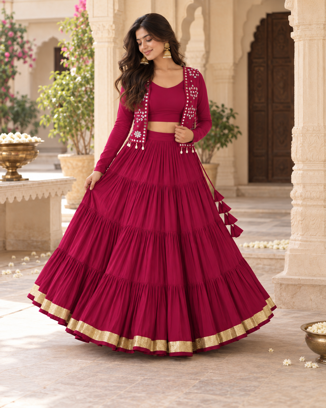 Rani Pink 9-Metre Flared Lehenga with Mirror Work Koti