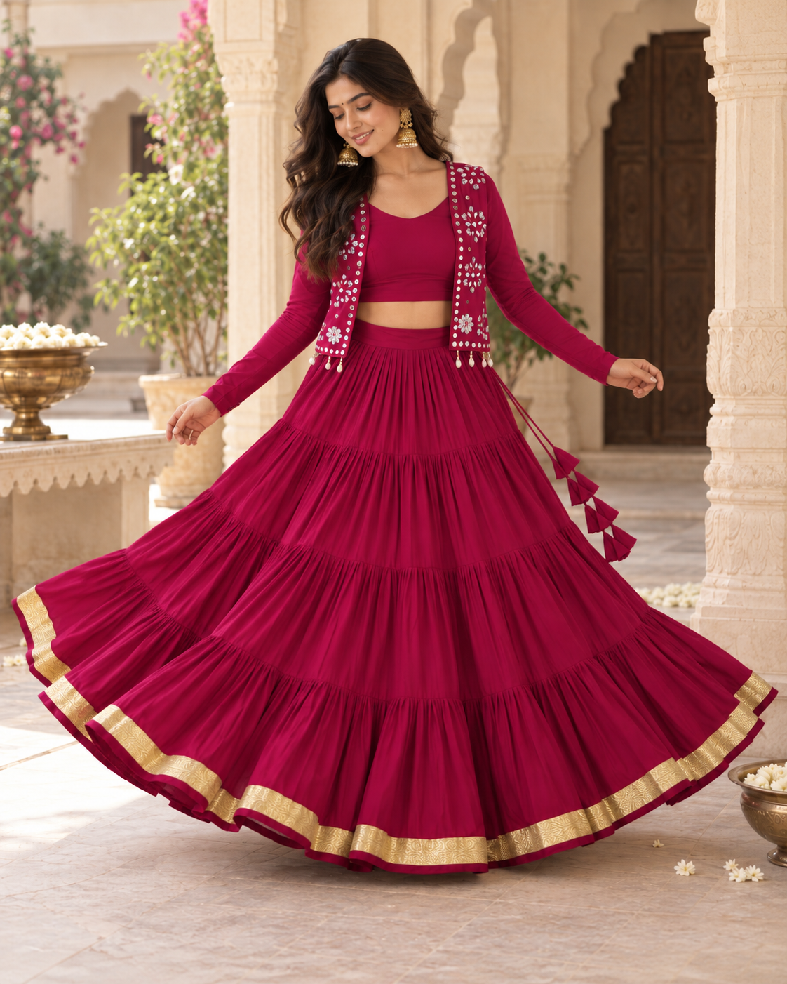 Rani Pink 9-Metre Flared Lehenga with Mirror Work Koti