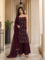 Wine Embroidered Straight Kurta Set with Palazzo & Dupatta
