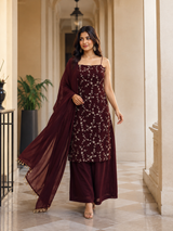 Wine Embroidered Straight Kurta Set with Palazzo & Dupatta