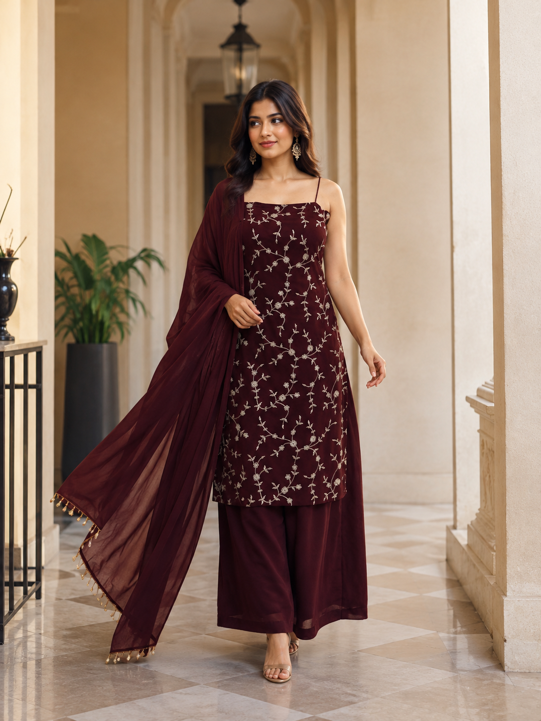 Wine Embroidered Straight Kurta Set with Palazzo & Dupatta