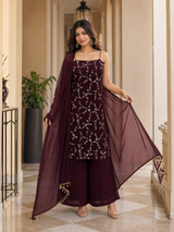 Wine Embroidered Straight Kurta Set with Palazzo & Dupatta