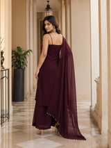 Wine Embroidered Straight Kurta Set with Palazzo & Dupatta