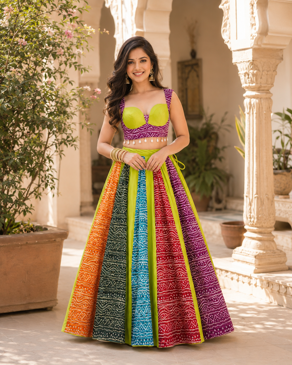 Multicolour Bandhani Print Flared Lehenga with Padded Blouse
