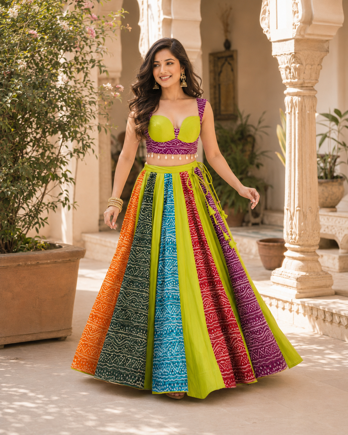 Multicolour Bandhani Print Flared Lehenga with Padded Blouse