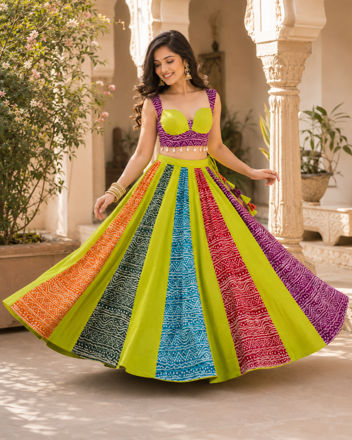 Multicolour Bandhani Print Flared Lehenga with Padded Blouse