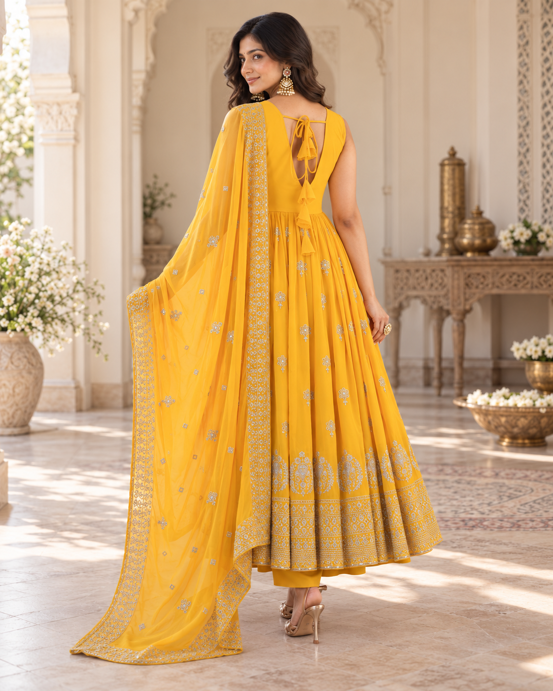 Mustard Yellow Embroidered Flared Anarkali Set with Dupatta