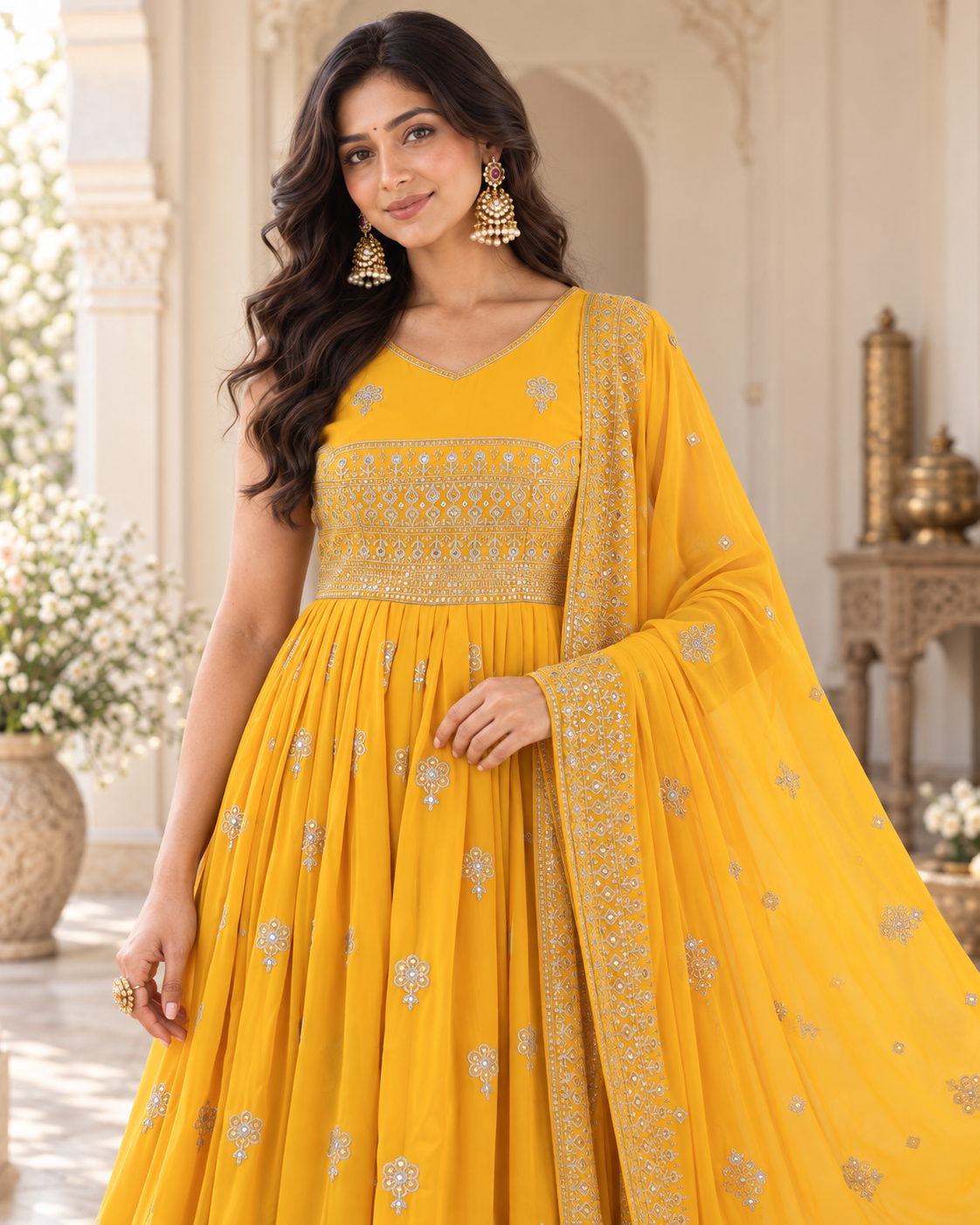 Mustard Yellow Embroidered Flared Anarkali Set with Dupatta