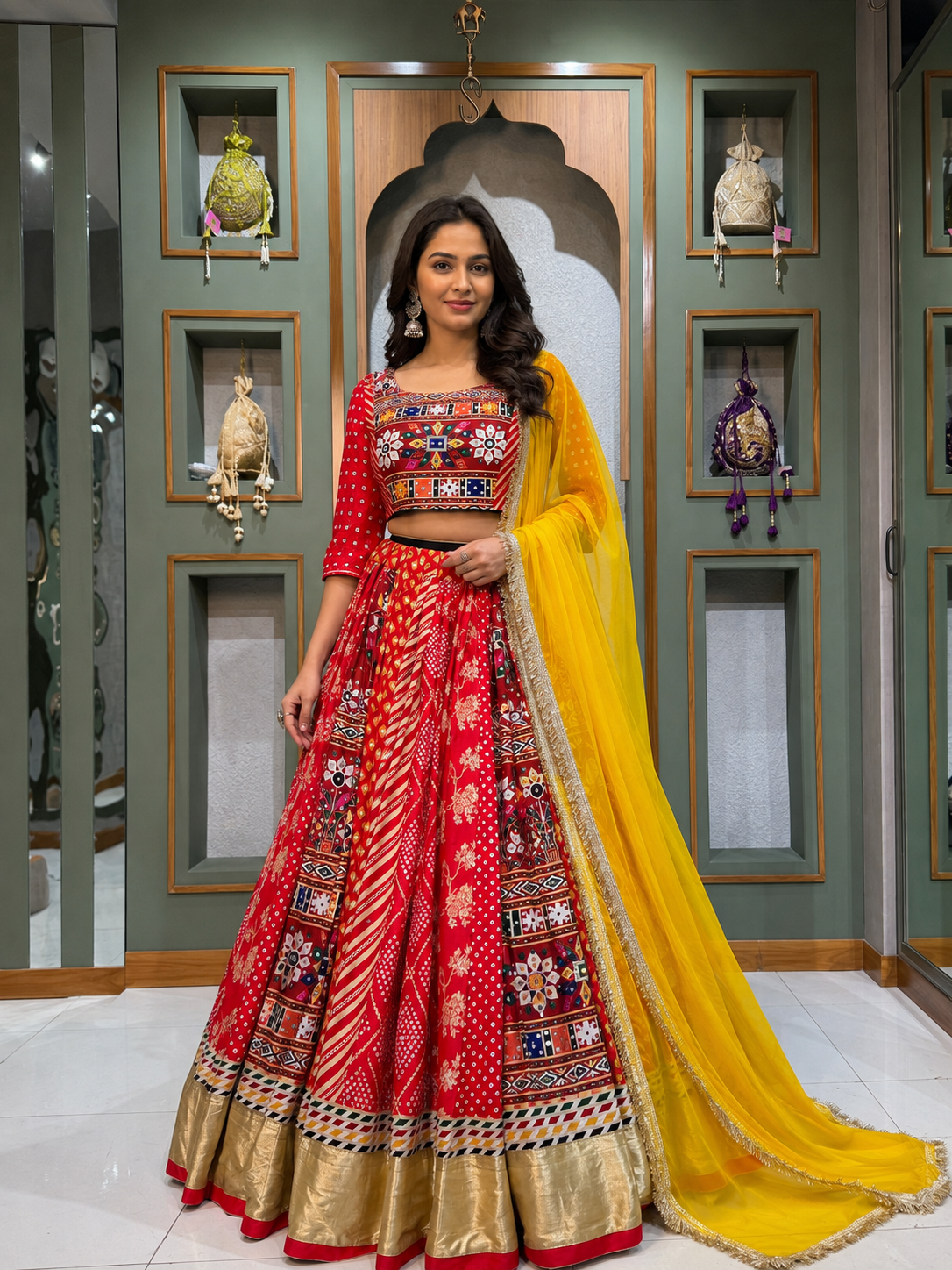 Sindhuri Red Mirror Work Navratri Lehenga Set
