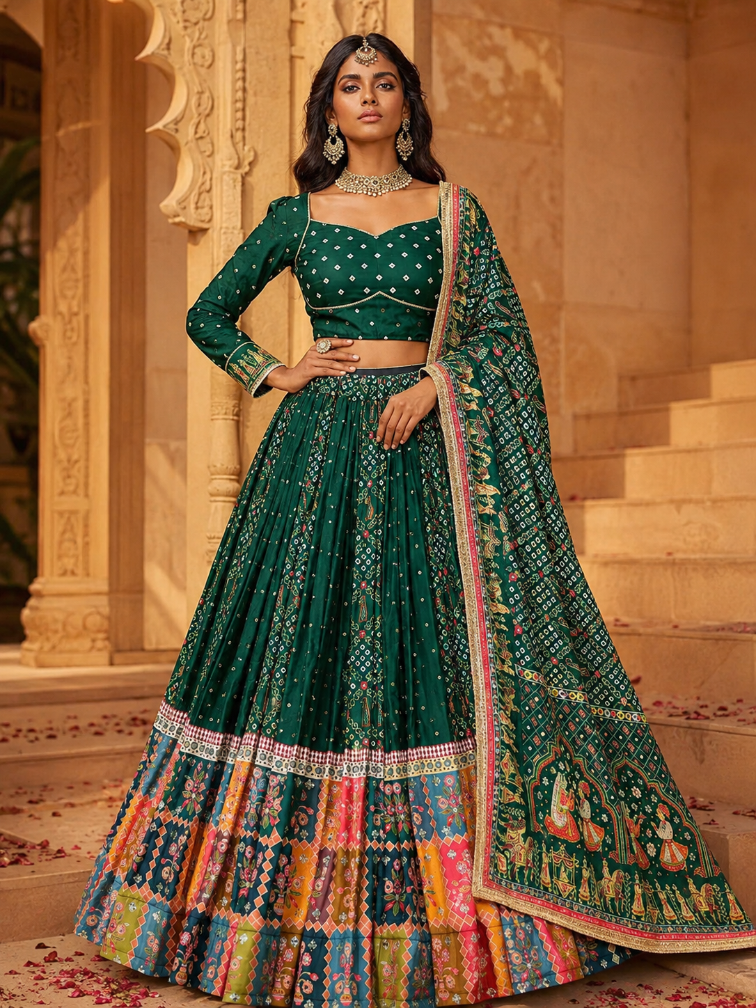 Vasudha Emerald Green Mirror Work Navratri Lehenga Set