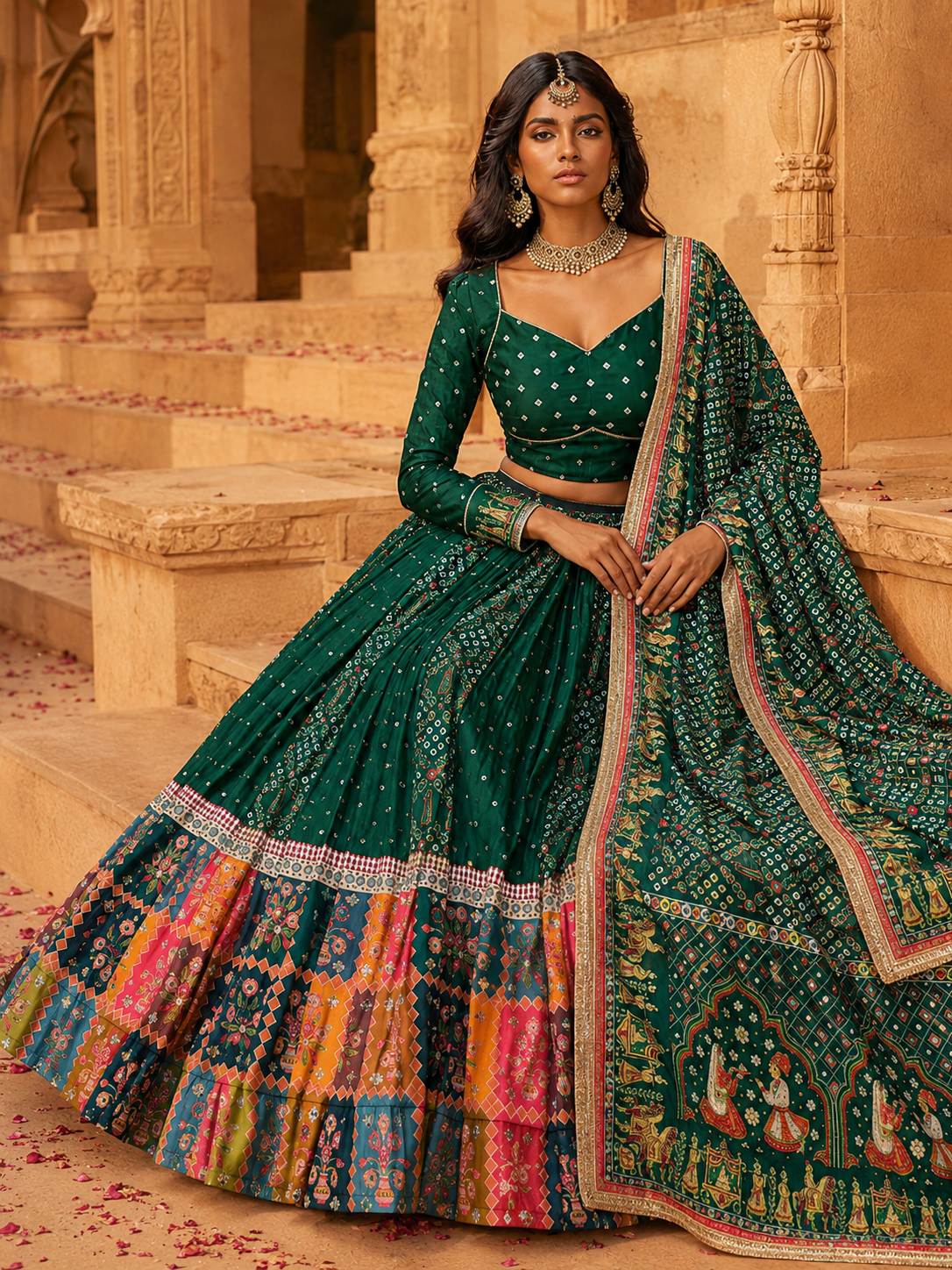 Vasudha Emerald Green Mirror Work Navratri Lehenga Set