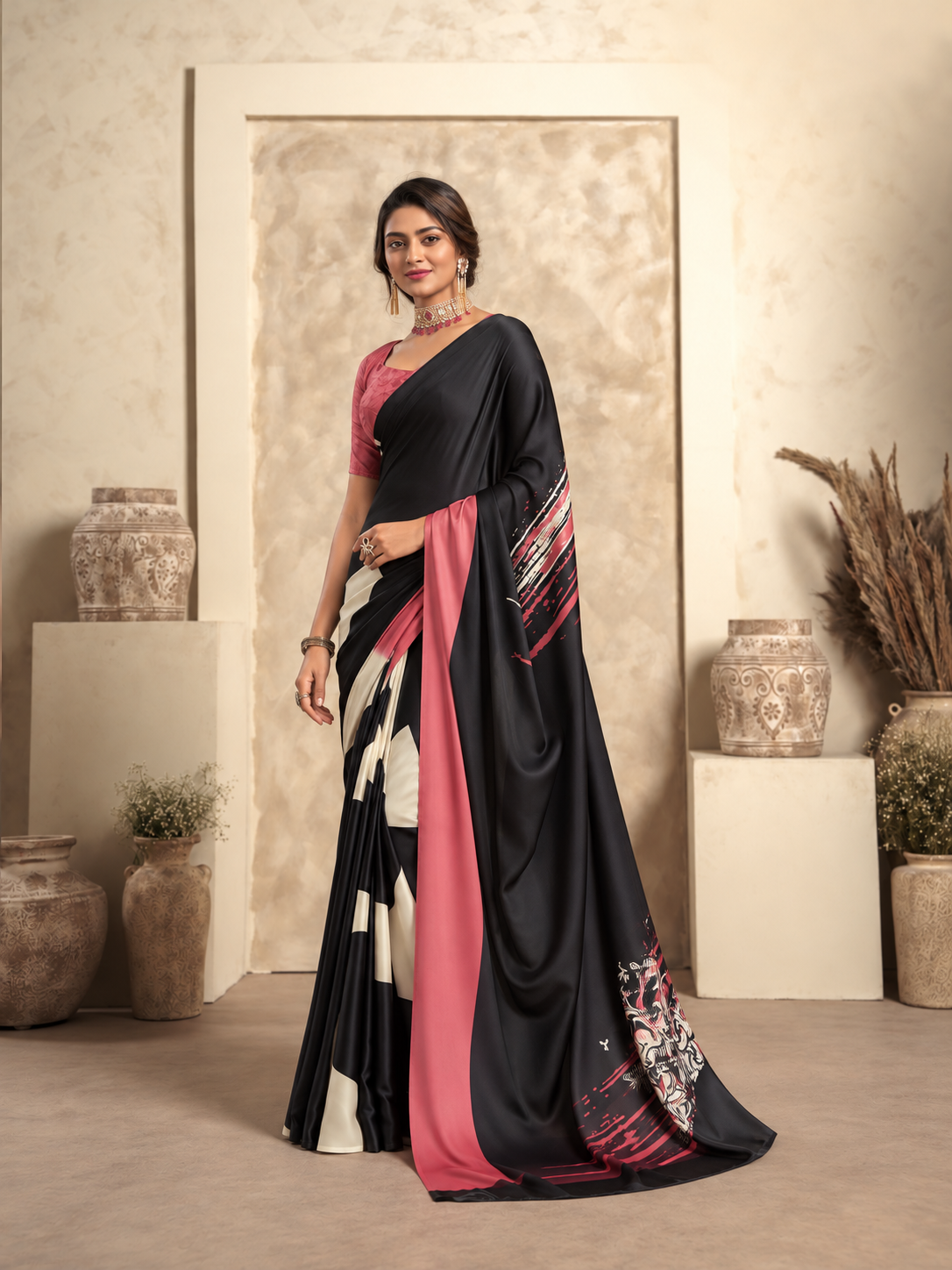 Forest Black Printed Satin Silk Saree