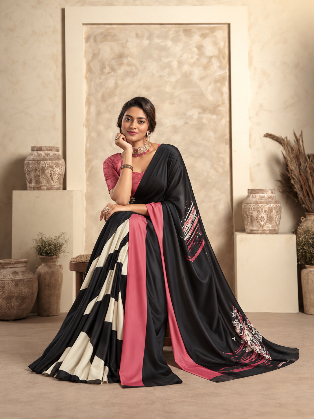 Forest Black Printed Satin Silk Saree