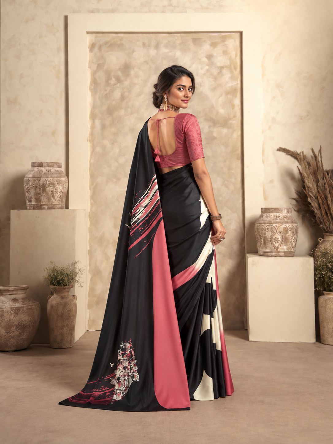 Forest Black Printed Satin Silk Saree
