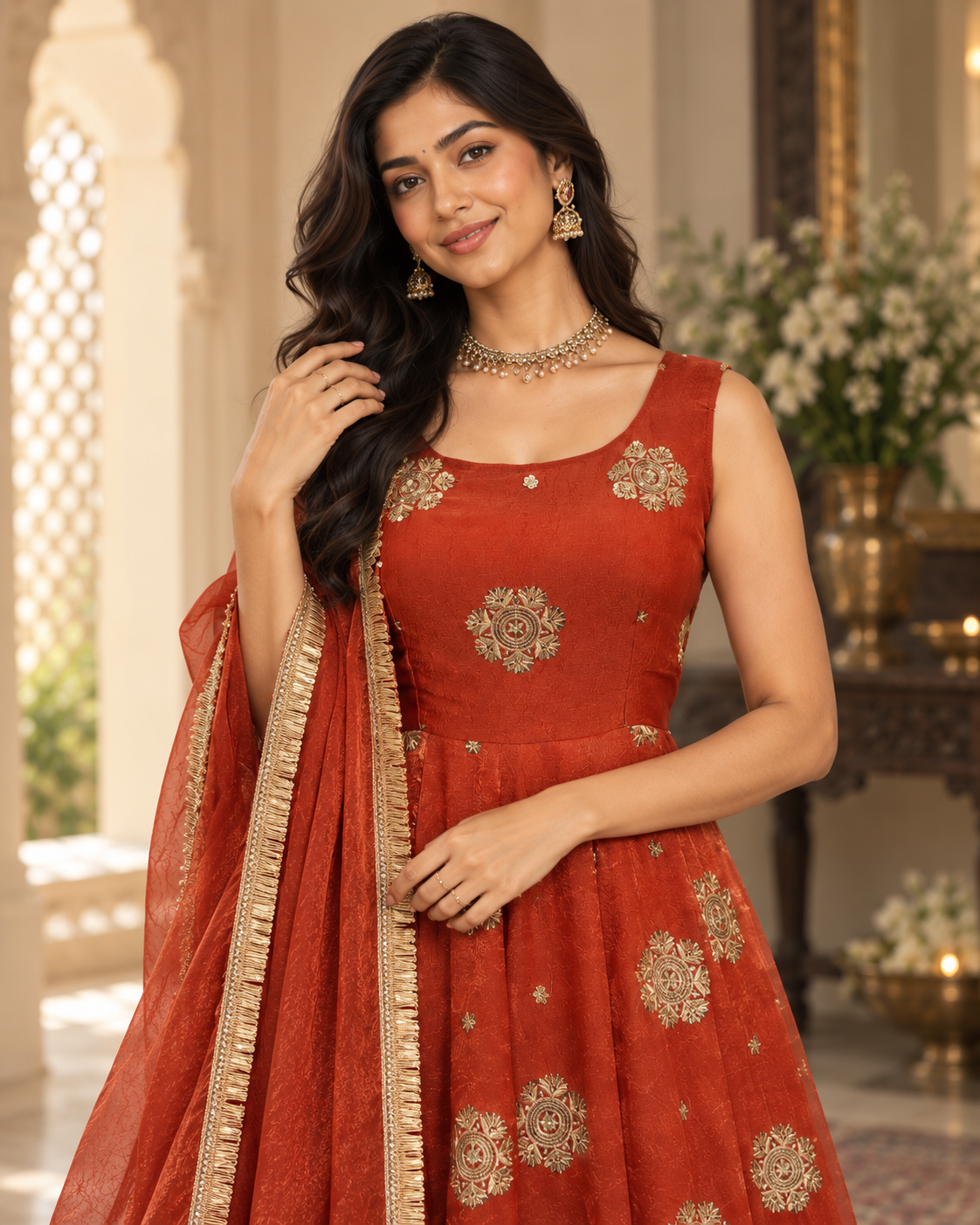 Rust Orange Embroidered Anarkali Suit Set with Dupatta
