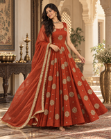 Rust Orange Embroidered Anarkali Suit Set with Dupatta