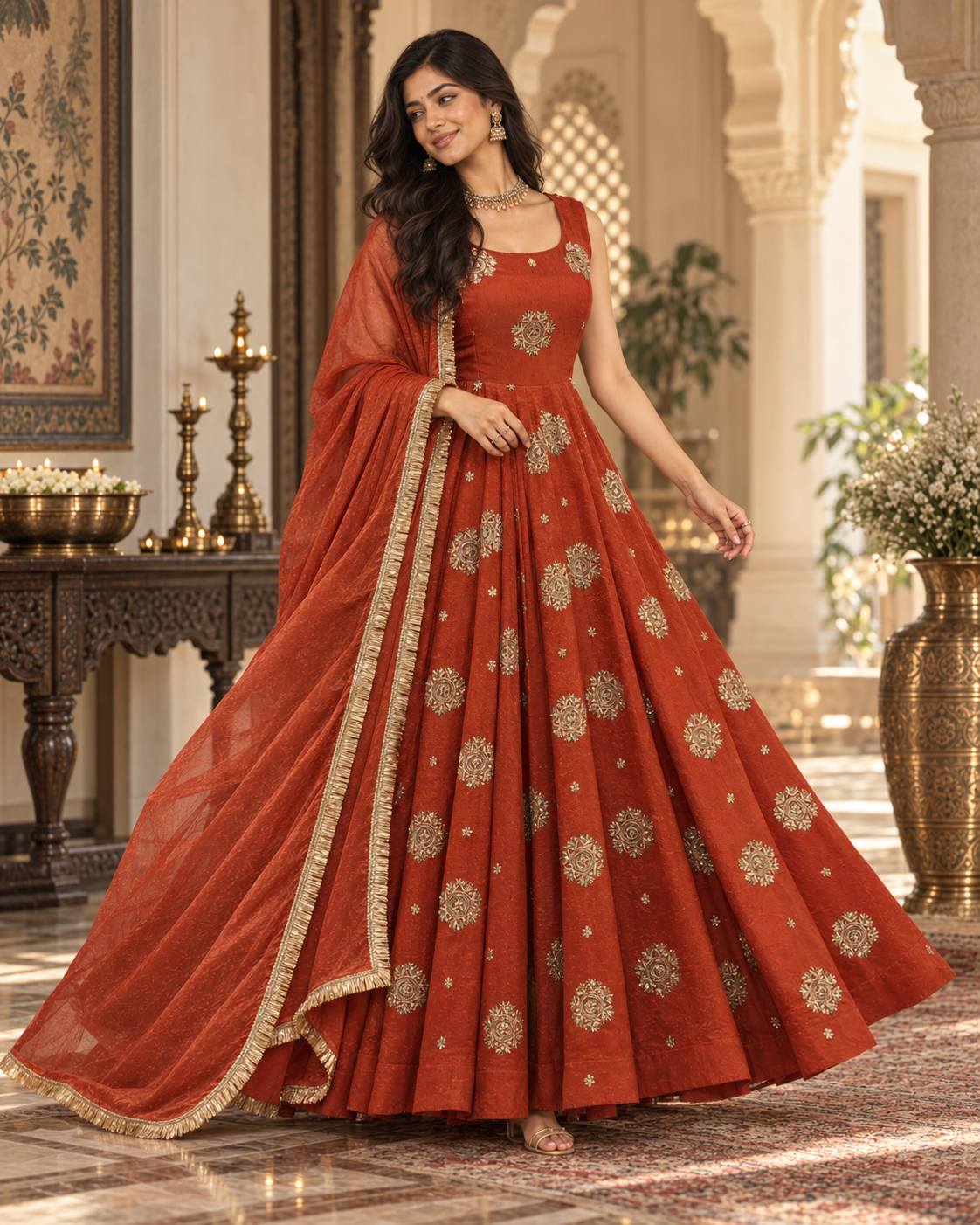 Rust Orange Embroidered Anarkali Suit Set with Dupatta