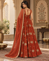 Rust Orange Embroidered Anarkali Suit Set with Dupatta