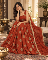 Rust Orange Embroidered Anarkali Suit Set with Dupatta