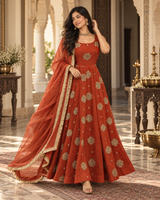 Rust Orange Embroidered Anarkali Suit Set with Dupatta
