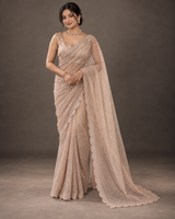 Beige Sequin Embroidered Net Saree