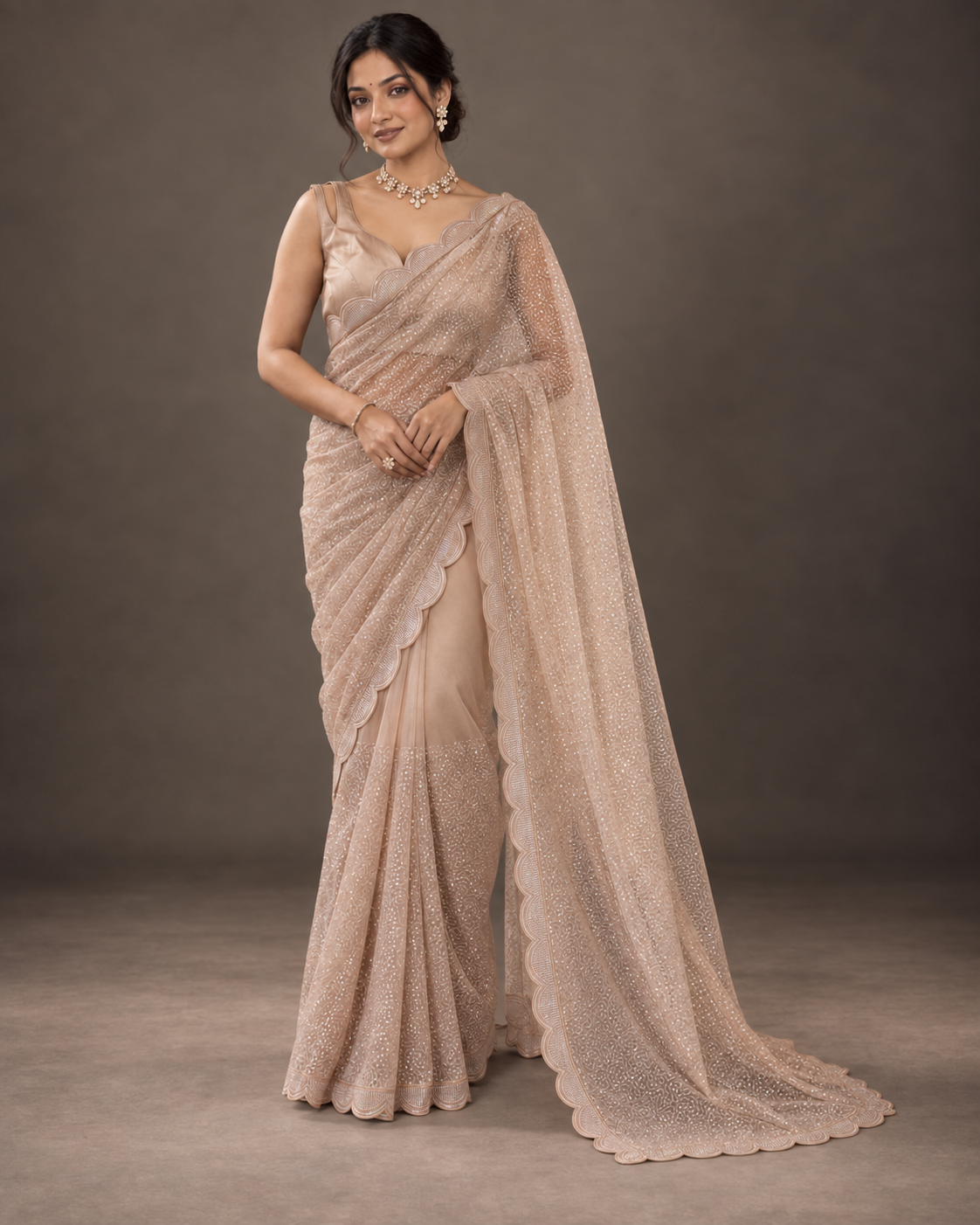 Beige Sequin Embroidered Net Saree