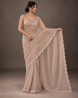 Beige Sequin Embroidered Net Saree