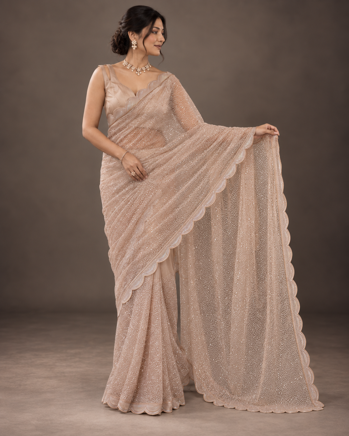 Beige Sequin Embroidered Net Saree