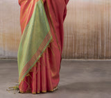 Coral Rose Tissue Silk Saree with Mint Green Contrast Pallu
