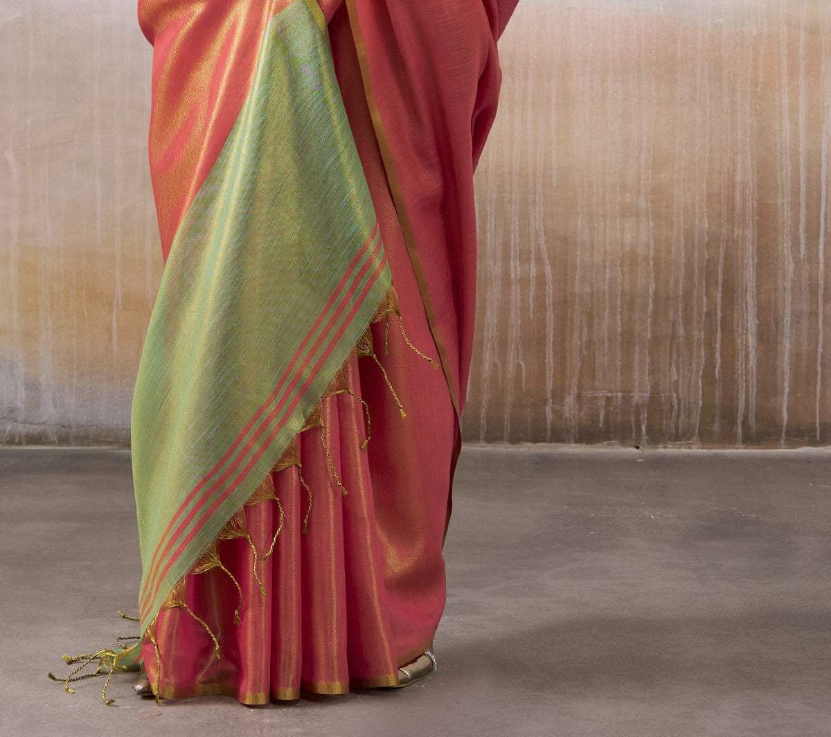 Coral Rose Tissue Silk Saree with Mint Green Contrast Pallu