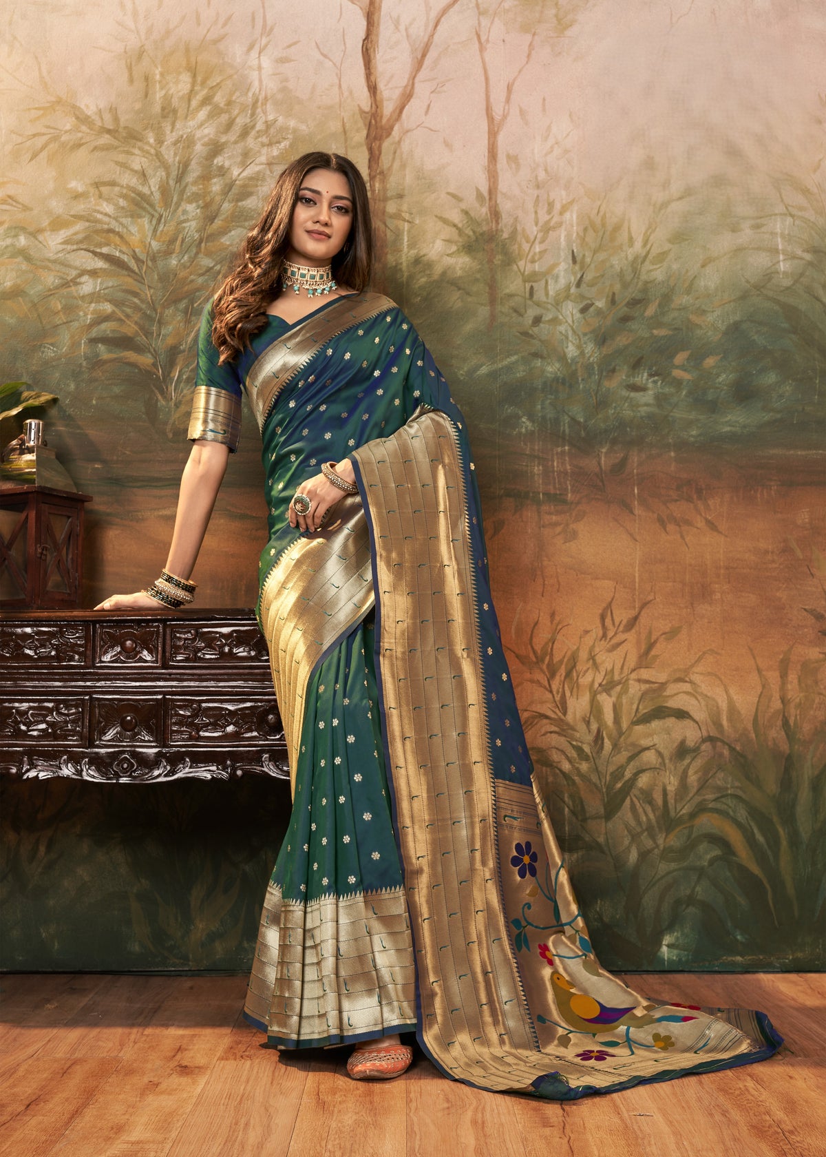 Deep Emerald Green Pure Paithani Silk Saree with Zari Weaving