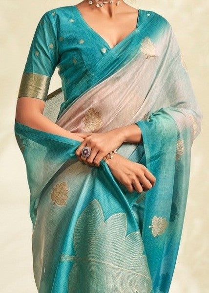 Aqua Blue Soft Handloom Silk Saree with Gold Leaf Motifs