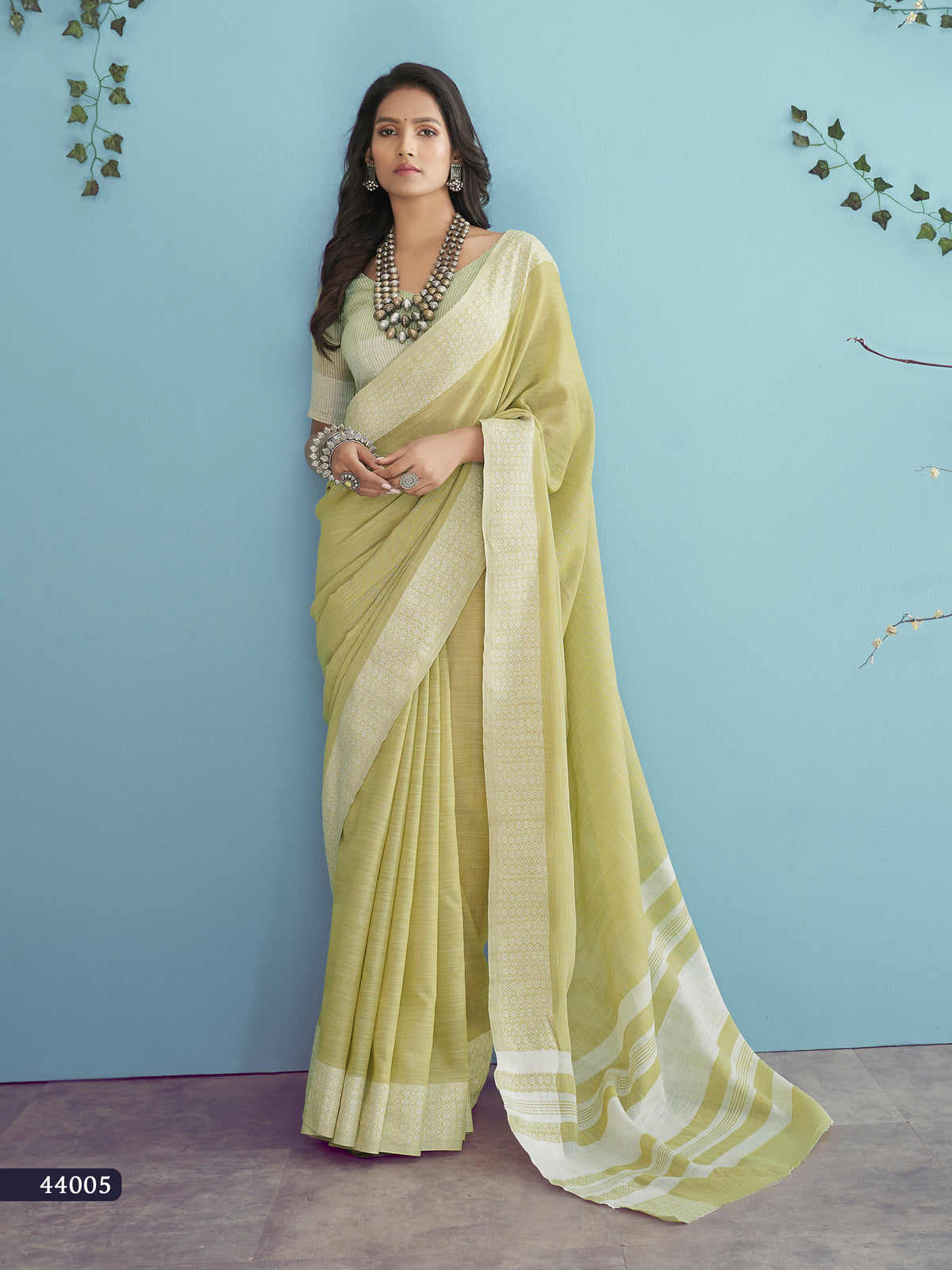 Pistachio Green Soft Linen Silk Saree with Chikankari Woven Border