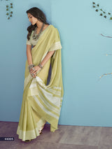 Pistachio Green Soft Linen Silk Saree with Chikankari Woven Border