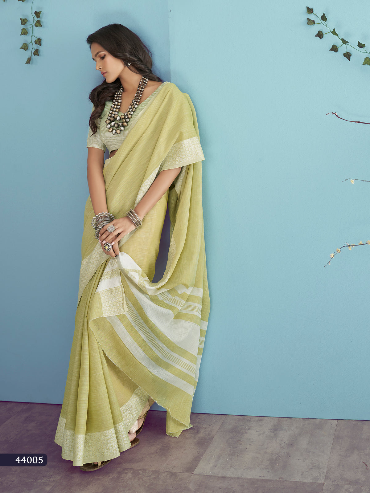 Pistachio Green Soft Linen Silk Saree with Chikankari Woven Border