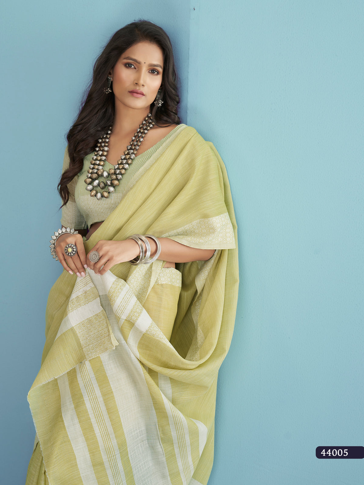 Pistachio Green Soft Linen Silk Saree with Chikankari Woven Border