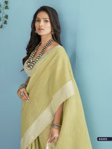Pistachio Green Soft Linen Silk Saree with Chikankari Woven Border