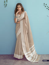 Light Brown Soft Linen Silk Saree With Chikankari Weaved Border