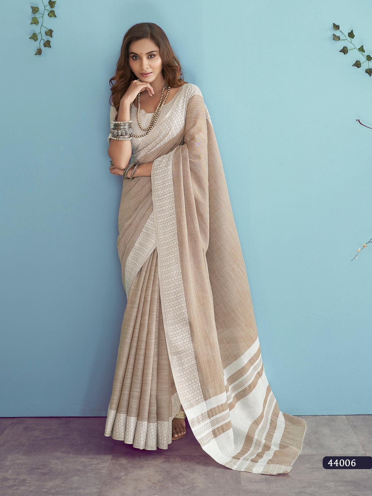 Light Brown Soft Linen Silk Saree With Chikankari Weaved Border